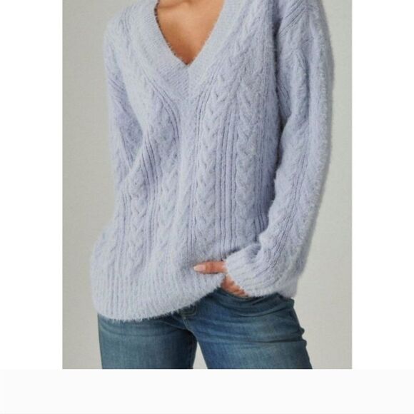 Lucky Brand V-Neck Relaxed Fit Eyelash Sweater softer-than-soft sz S blue cable - Picture 9 of 11